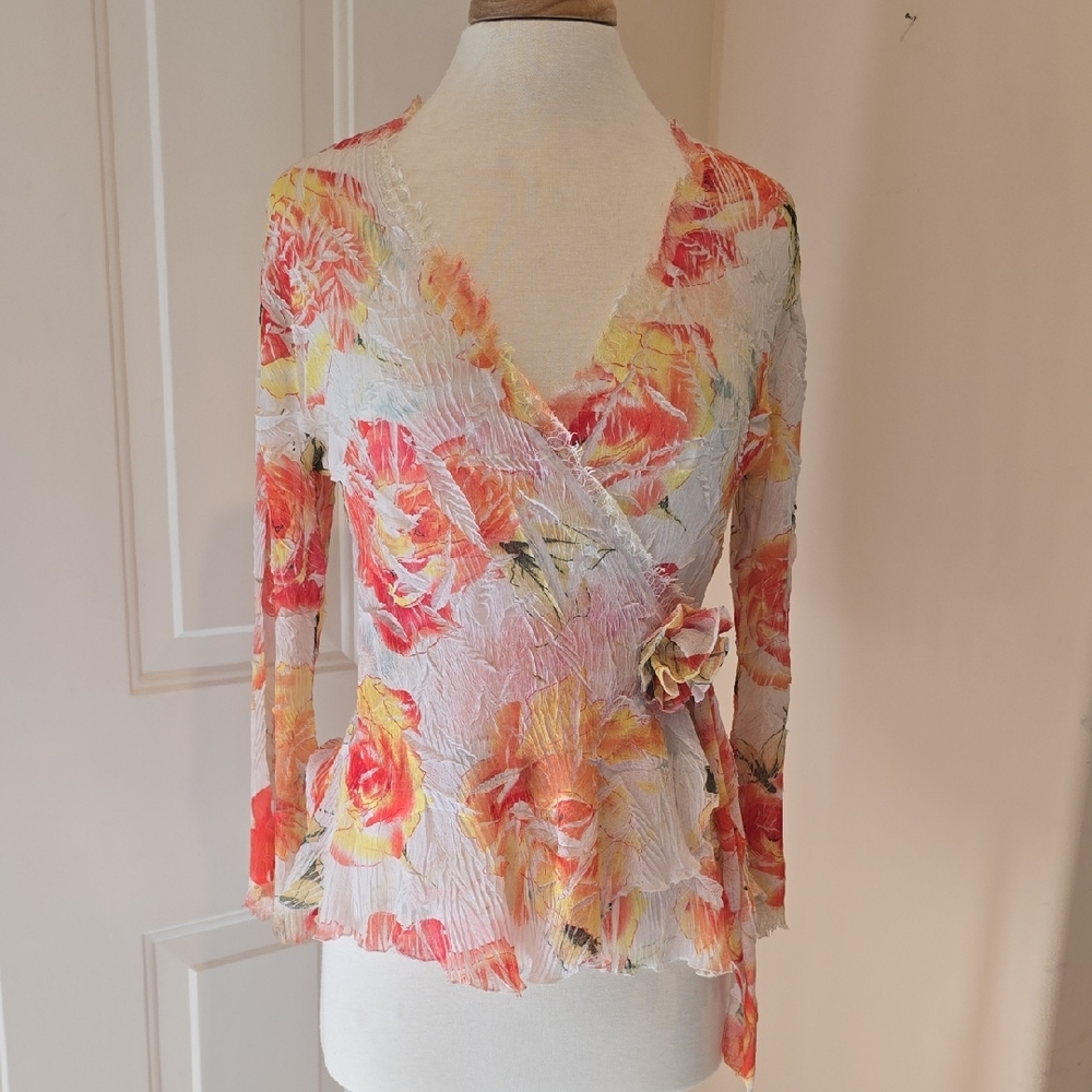 EUC Cache Romantic Semi-Sheer Floral Wrap Top with Lace Detail- Vintage/Y2K